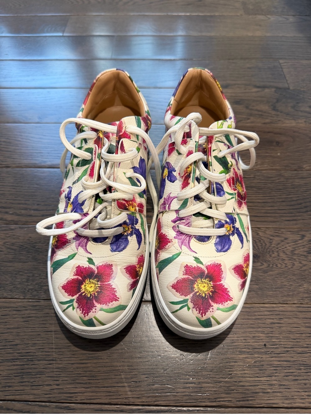 Ferragamo Floral White Leather Sneakers with Multicolor Flower Print